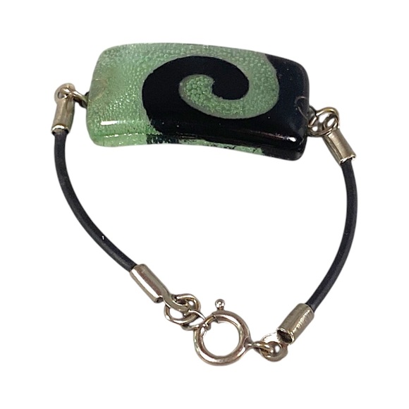 Murano Glass Bracelet S/M Green Back Bullicante Bubble Yin Yang  Artsy Boho VTG - Picture 1 of 14